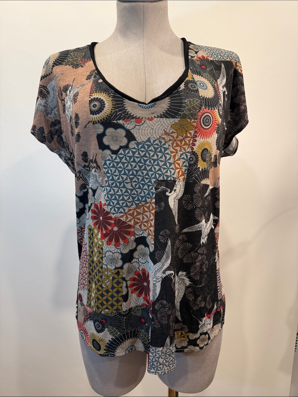 Desigual “Different is Beautiful” Japanese Crane Patchwork Print Top – Size S